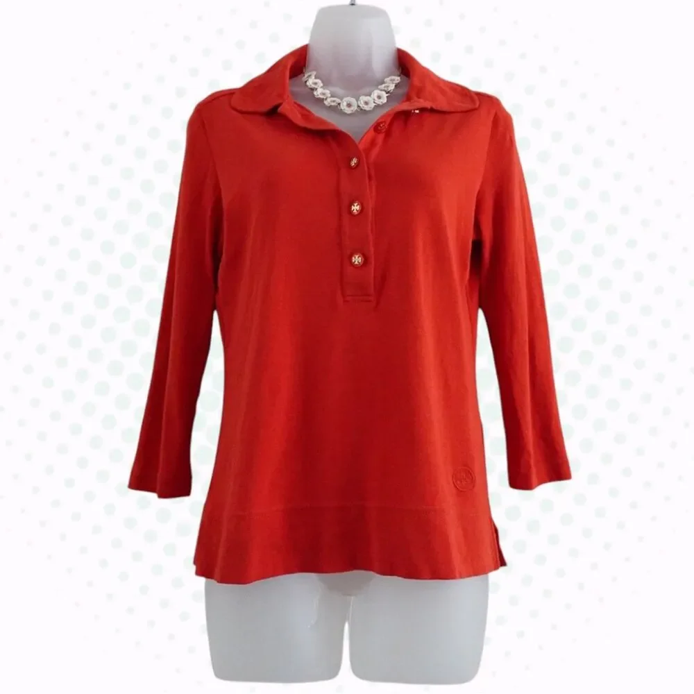 Tory Burch Red Orange 3/4 Sleeve Button Down Collared Polo Shirt Blouse Size S